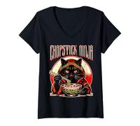 Womens Chopstick Ninja s Japanese Cat s Ramen Noodle V-Neck T-Shirt