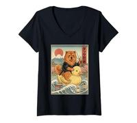 Women's Chow Chow Ninja Japan Vintage Japanese Ukiyo-e Art V-Neck T-Shirt
