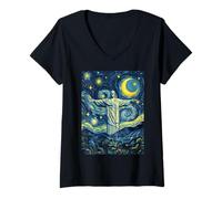 Women's Christ the Redeemer Brazil Starry Night Art Present V-Neck T-Shirt