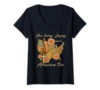 Womens Christian 4th Of July She Loves Jesus And America Too V-Neck T-Shirt