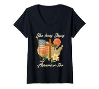 Womens Christian 4th Of July She Loves Jesus And America Too V-Neck T-Shirt