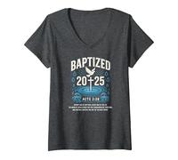 Women's Christian Baptism T-Shirt Baptized 2025 Bible Verse Tee V-Neck T-Shirt, Dark Heather Grey, XX-Large