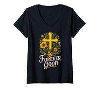 Womens Christian Bible Verse Forever Good Jesus Floral Psalm 136:1 V-Neck T-Shirt