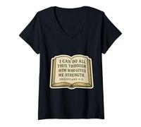 Womens Christian Bible Verse Quote Philippians 4:13 Jesus Christ V-Neck T-Shirt