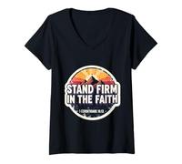 Womens Christian Bible Verse Quote Stand Firm in The Faith Vintage V-Neck T-Shirt