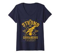 Women's Christian Biblical Joshua 1 9 Be Strong and Courageous V-Neck T-Shirt, Navy Blue, Large
