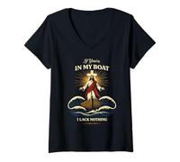 Women's Christian Boat Faith Design Psalm 23:1 Jesus Waves Religious V-Neck T-Shirt