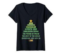 Womens Christian Christmas Jesus Bible Names Christmas Tree Shaped V-Neck T-Shirt