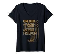 Womens Christian Cross Military Veteran American Flag Faith Freedom V-Neck T-Shirt