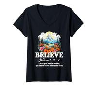 Women's Christian Faith Believe in Christ Pretty Mountain Scene V-Neck T-Shirt
