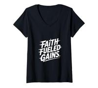 Womens Christian Faith Fueled Gains Gym Fitness Motivation V-Neck T-Shirt