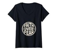 Womens Christian Faith Over Fear Bold Bible Verse V-Neck T-Shirt