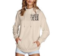Womens Christian Faith Over Fear Hoodies Fashion with Hood Jesus Graphic Pullover Clothes God Loose Fit High Neck Casual Outfits Comfort I Love Jesus Saves Thin Cute Plain Y2K Beige