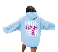 Womens Christian Faith Over Fear Hoodies Y2K Breast Cancer Awareness Jesus Personalized Hooded Pullover Hoodies God Comfort with Hood Outfits Loose Fit College Religious Jesus Saves Sky Blue