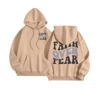 Women's Christian Faith Over Fear Hoodies Y2K Summer Jesus Essential Pullover Clothes God Comfort Casual Beach Hooded Graphic Sweaters Workou College Pray The Lord Jesus Saves Thin Khaki