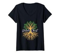 Womens Christian Faith Rooted in Christ Bible Tree Cross Worship V-Neck T-Shirt