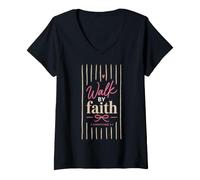 Women's Christian Faith Scripture Verse Walk by Faith Pink Bow V-Neck T-Shirt
