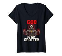 Womens Christian Fitness God is My Spotter Cool Mens Religious V-Neck T-Shirt