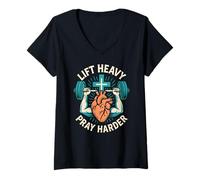 Womens Christian Fitness Lift Heavy Pray Harder Cool Mens Faith V-Neck T-Shirt
