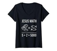 Women's Christian Funny Bible Miracle 2 Fishes 5 Breads Jesus Math V-Neck T-Shirt