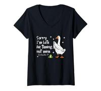 Womens Christian Goose Sorry I'm Late His-Timing Not Mine Religious V-Neck T-Shirt
