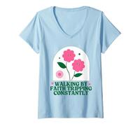 Womens Christian Goose Walking by Faith Tripping Constantly Bible V-Neck T-Shirt