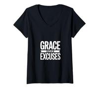 Womens Christian Grace Over Excuses Faith Scripture Message V-Neck T-Shirt
