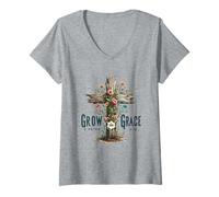 Womens Christian Grow in Grace Bible Floral Cross V-Neck T-Shirt