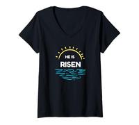Women's Christian Happy Easter Jesus Has Risen He is Risen Sunrise V-Neck T-Shirt