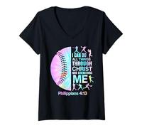 Womens Christian I Can Do All Things Through Jesus Tie Dye Baseball V-Neck T-Shirt