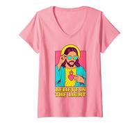 Womens Christian Jesus Believe in The Light Anime Pop Art Pink V-Neck T-Shirt