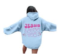 Womens Christian Jesus Loves You Cool Hoodies Comfort Letter Casual Hooded Clothes Faith University Loose Fit Graphic Sweatshirts Western Religious God Pullover Cute Backwoods Fall Light Blue
