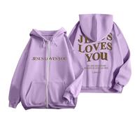 Women's Christian Jesus Loves You Oversized Hoodies Cute Drawstring Fleece Lined Pullover Clothes Pray The Lord Vintage Comfort Zipper Graphic Outfits Plain God I Love Jesus Hooded Light Purple