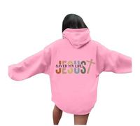 Womens Christian Jesus Saved My Life Hoodies Graphic with Hood Fall Western Pullover God Sweatshirts for Teens Casual Trendy Loose Fit Pullover Hoodies Religious Faith Tops Pink