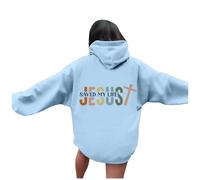 Womens Christian Jesus Saved My Life Hoodies Graphic with Hood Fall Western Pullover God Sweatshirts for Teens Casual Trendy Loose Fit Pullover Hoodies Religious Faith Tops Sky Blue