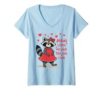 Womens Christian Kids Racoon Jesus Loves Me Just The Way I Am V-Neck T-Shirt