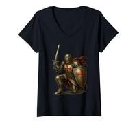 Womens Christian Knight: Kneeling Templar V-Neck T-Shirt