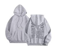 Womens Christian Let Me Tell You About My Jesus Hoodies 2025 Trendy Aesthetic Pullover Sweatshirts Pray The Lord Cute with Hood Casual Graphic Crewneck Long Sleeve Pullover Hoodies Grey