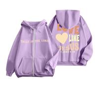 Womens Christian Love Like Jesus Hoodies Zipper Drawstring Comfort Aesthetic Pullover Religious Sweatshirts for Teens Fleece Lined Zip Up Graphic Soft Pullover Hoodies Faith Light Purple