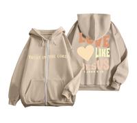 Women's Christian Love Like Jesus Light Hoodies Zip Up Fleece Lined Workou Vintage Pullover Faith Tops for Teens Drawstring Graphic Zipper Outfits Pray The Lord Religious Cute Beige