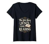 Women's Christian Loves Jesus and Reading Bookworm Bible Reader V-Neck T-Shirt