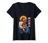 Womens Christian Manga Jesus Embrace God’s Grace Kanji Anime Art V-Neck T-Shirt