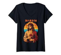 Womens Christian Manga Jesus Sacred Heart John 3:16 Retro Sunset V-Neck T-Shirt