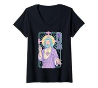 Womens Christian Manga Savior Jesus Sacred Heart Anime Pastel Art V-Neck T-Shirt
