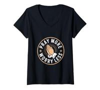 Womens Christian Pray More Worry Less Faithful Prayer V-Neck T-Shirt