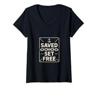 Womens Christian Saved Set Free Anchor Chain Faith V-Neck T-Shirt