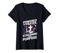 Womens Christian Streamer Powered by Prayer Streaming with Purpose V-Neck T-Shirt