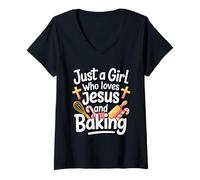 Womens Christian T-Shirt Just A Girl Who Loves Jesus and Baking V-Neck T-Shirt