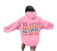 Womens Christian We Love Because He First Loved Us Hoodies Fall Jesus Cool with Hood Pullover Hoodies Trust In The Lord Y2K Letter Long Sleeve Sports Graphic Sweatshirts Comfort Goth Purple