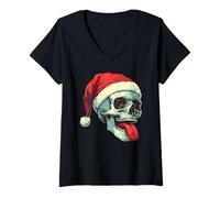 Womens Christmas Badass Skull, Santa Claus, Music, Bones and Santa Claus V-Neck T-Shirt